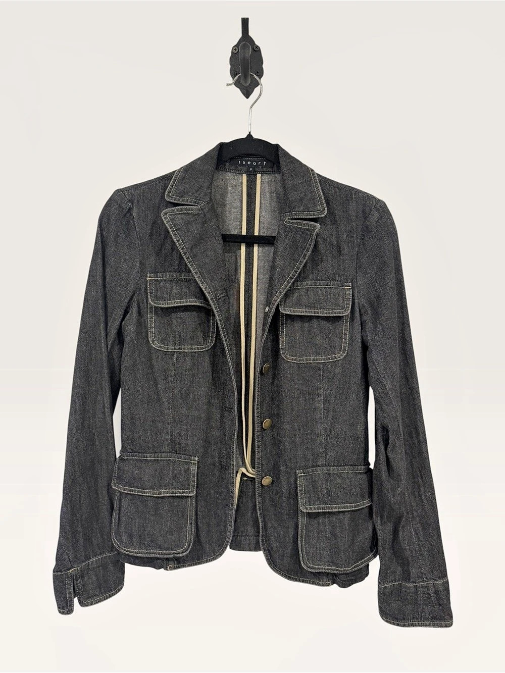 Theory Y2K utility Dark Wash Denim Blazer Jacket Size S 100% Cotton
